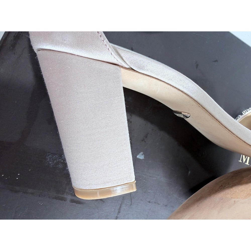 Badgley Mischka Light Pink Crystal Embellished Satin Block Heel Sandals Slides 6 - Picture 8 of 16